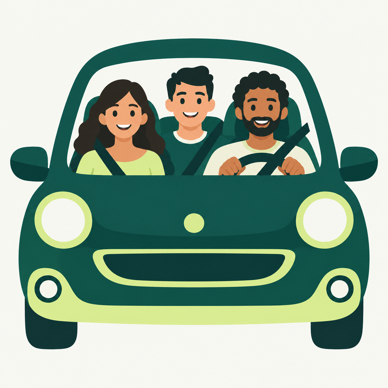 Three people sharing a green car